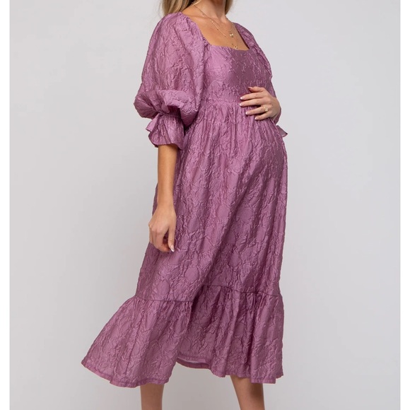 PinkBlush Mauve Pink Metallic Floral Maternity Midi Dress - Picture 2 of 4